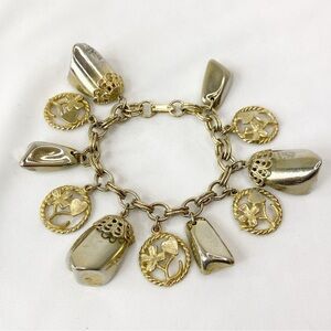 60s Chunky Muted Gold Tone Nugget Charm Bracelet Hearts Wishbones 4 Leaf Clovers